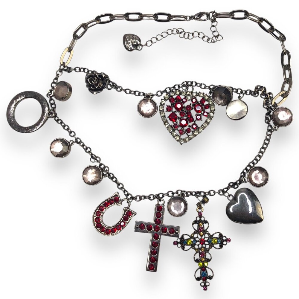 Vtg Y2K Betsey Johnson Rhinestones Heart Cross Layered Charms Necklace Horseshoe